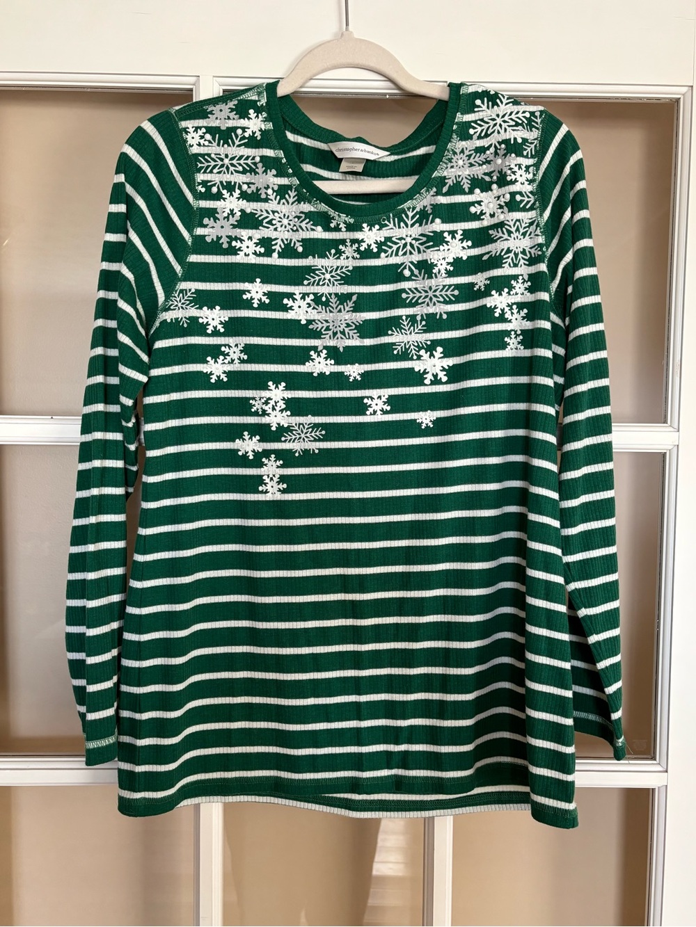 Christopher & Banks Green and White Striped Snowflake Long Sleeve Top